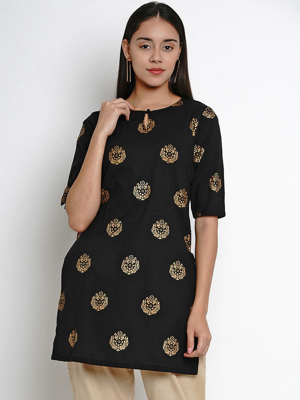 Women's  Black & Gold Floral Print Straight Kurti - Wahe-NOOR