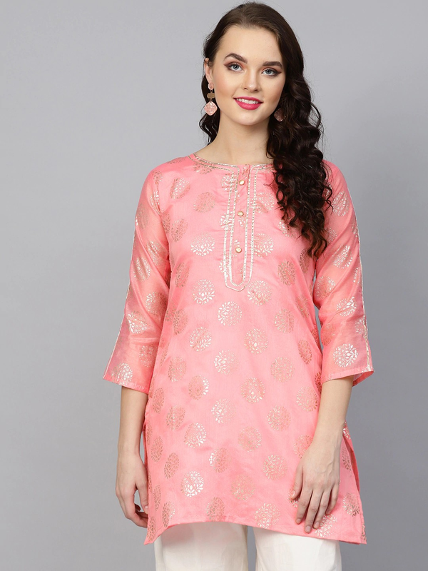 Women's  Pink & Golden Foil Print A-Line Kurti - Wahe-NOOR