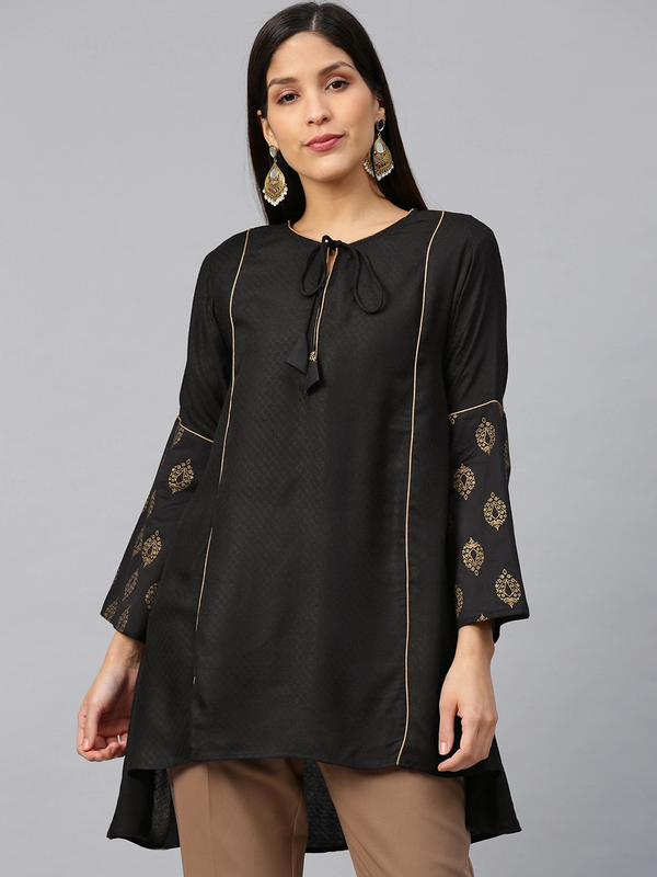 Women's  Black Self-Design A-Line High-Low Kurti - Wahe-NOOR