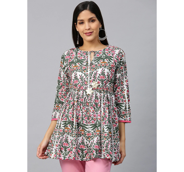 Women's  White & Pink Printed A-Line Empire Kurti - Wahe-NOOR