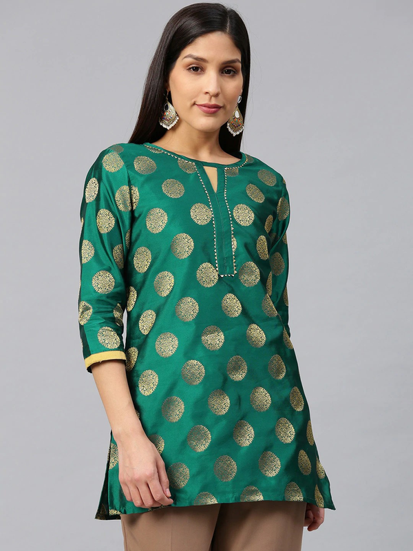 Women's  Green & Golden Woven Design Poly Silk Straight Kurti - Wahe-NOOR