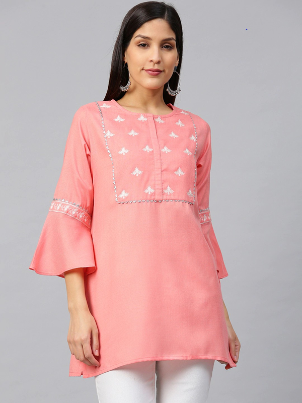 Women's  Coral Pink & Off-White Yoke Design Straight Kurti - Wahe-NOOR