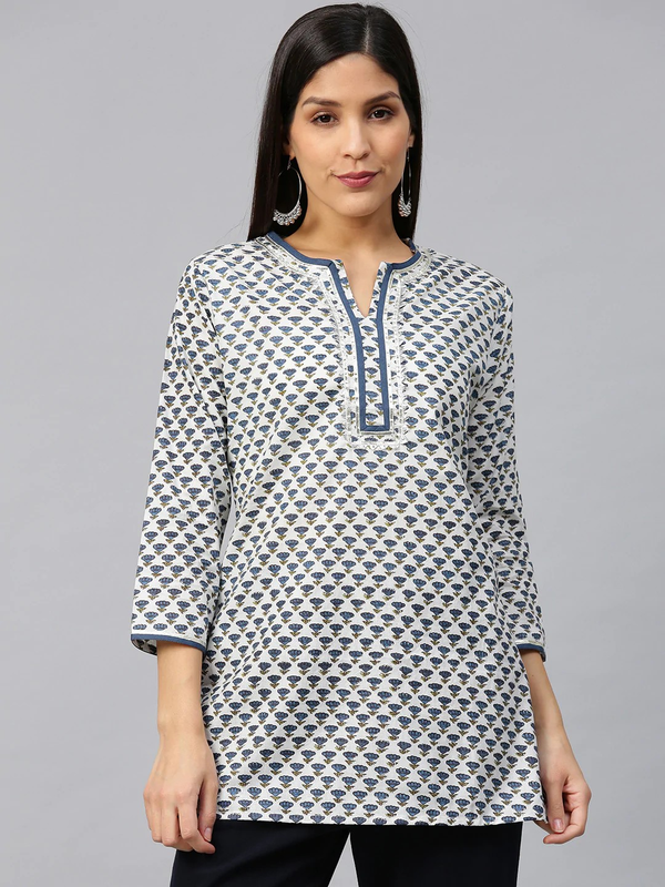 Women's  White & Navy Blue Printed Straight Kurti - Wahe-NOOR