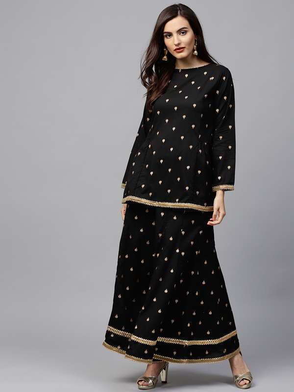 Women's  Black & Golden Printed Kurti With Palazzos - Wahe-NOOR