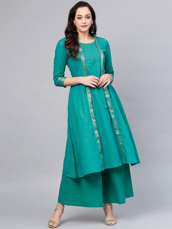 Women's  Green Solid Kurta With Palazzos - Wahe-NOOR