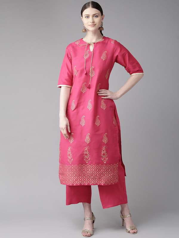 Women's  Pink & Golden Block Print Kurta With Palazzos - Wahe-NOOR