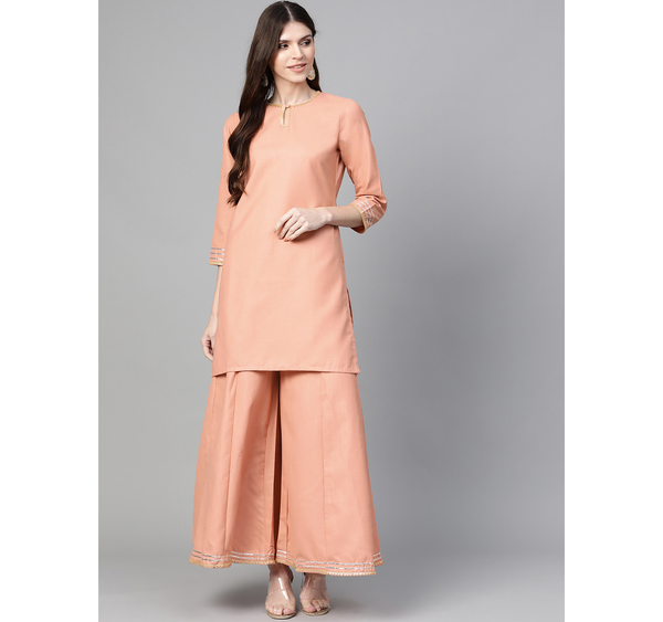 Women's  Peach-Coloured Solid Kurta With Palazzos - Wahe-NOOR