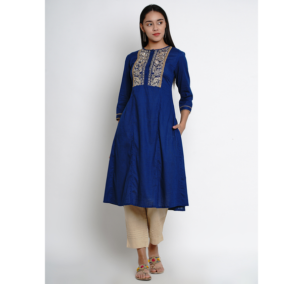 Women's  Navy Blue & Beige Yoke Design Kurta With Palazzos - Wahe-NOOR