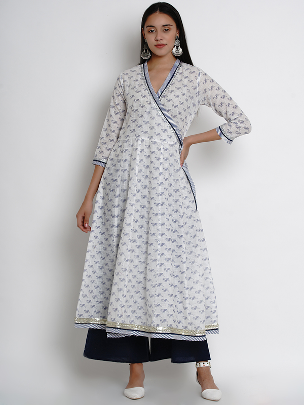 Women's  White & Blue Printed Kurta With Palazzos - Wahe-NOOR