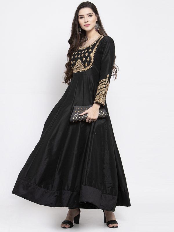 Women's  Black & Gold-Coloured Embellished Anarkali Kurta - Wahe-NOOR