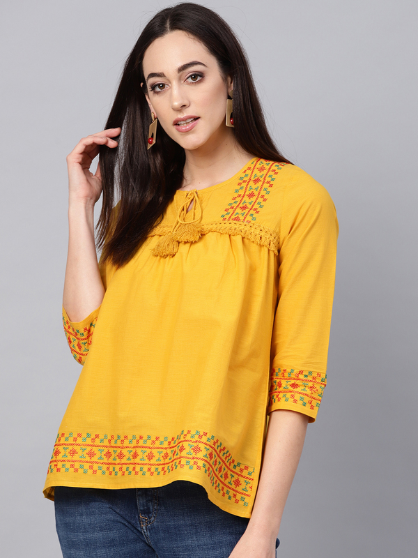 Women's  Mustard Yellow Solid A-Line Top1 - Wahe-NOOR