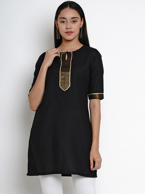 Women's  Black Solid Kurti - Wahe-NOOR