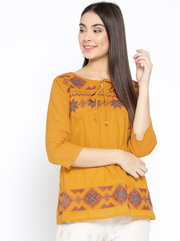 Women's  Mustard Yellow Embroidered A-Line Top - Wahe-NOOR