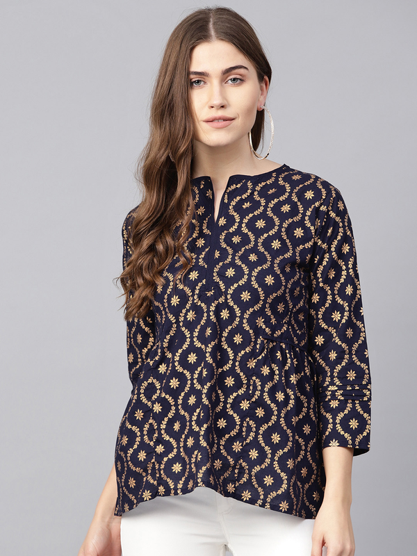 Women's  Navy Blue & Golden Printed A-Line Top - Wahe-NOOR