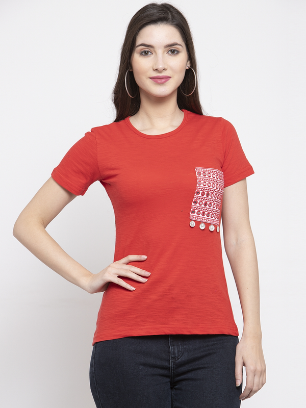 Women's  Red Solid Round Neck T-Shirt - Wahe-NOOR