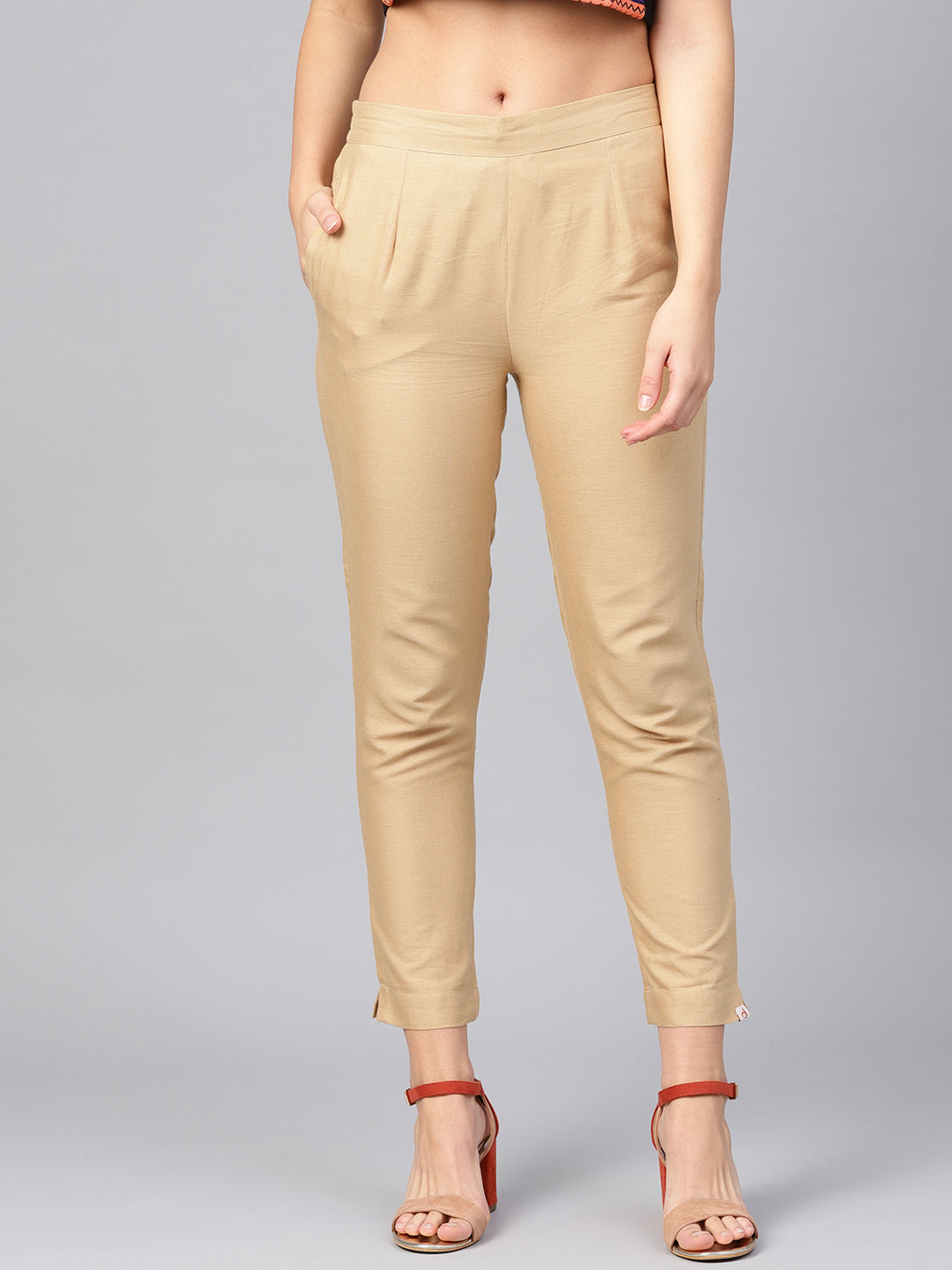 Women's Gold Cotton Flex Solid Slim Fit Pant/Slim Pant - Juniper