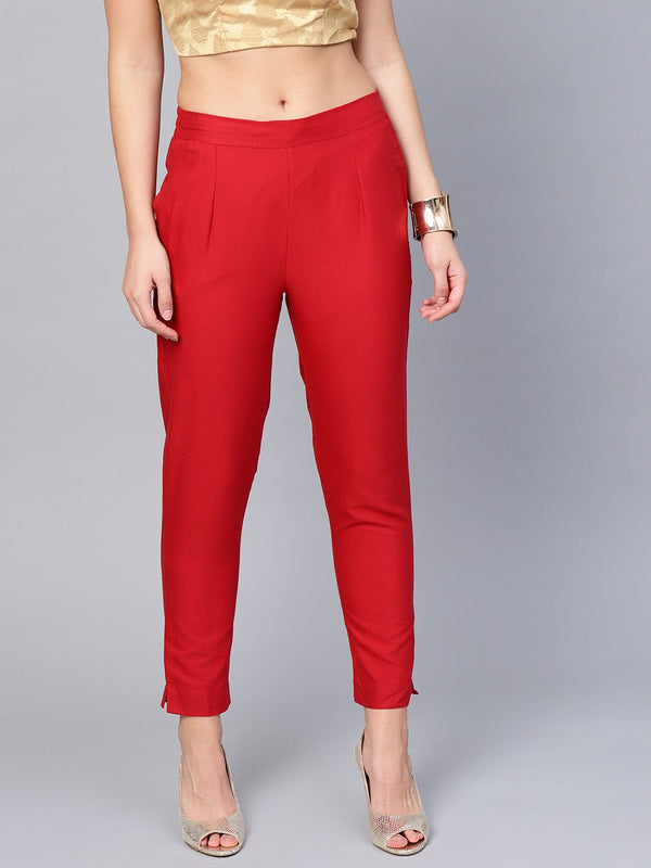 Jashvi Red Solid Cotton Flex Slim Fit Women Pants With Two Pockets