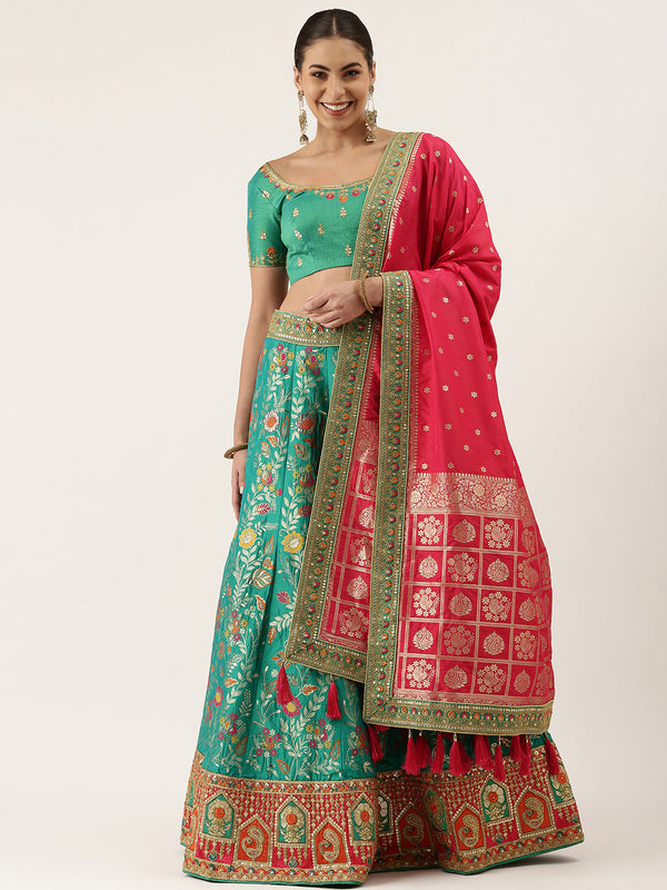 Women's Sea Green Poly Silk Jacquard Woven Work Lehenga & Blouse With Dupatta - Royal Dwells