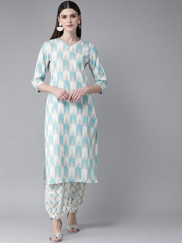 Women's  Blue & White Ikat Print Kurta with Balloon Pant - AKS