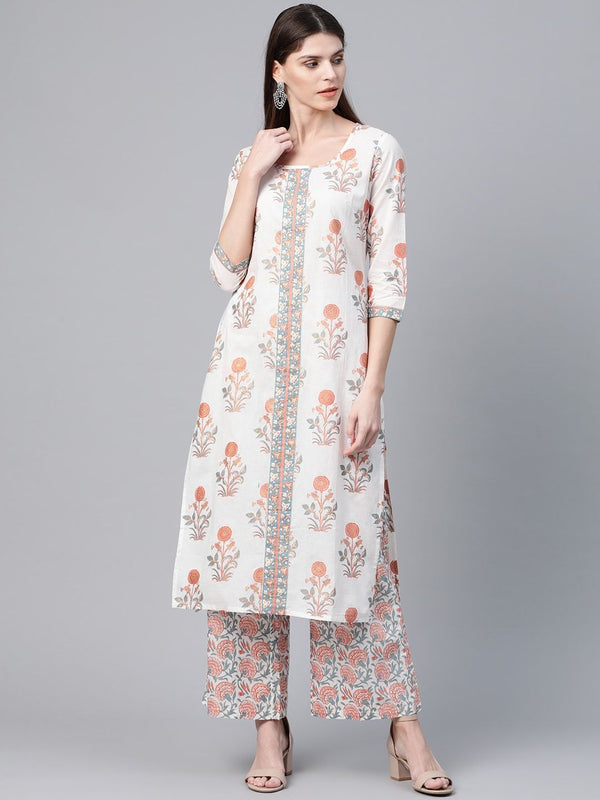 Women's  White & Pink Floral Foil Print Kurta with Palazzos - AKS