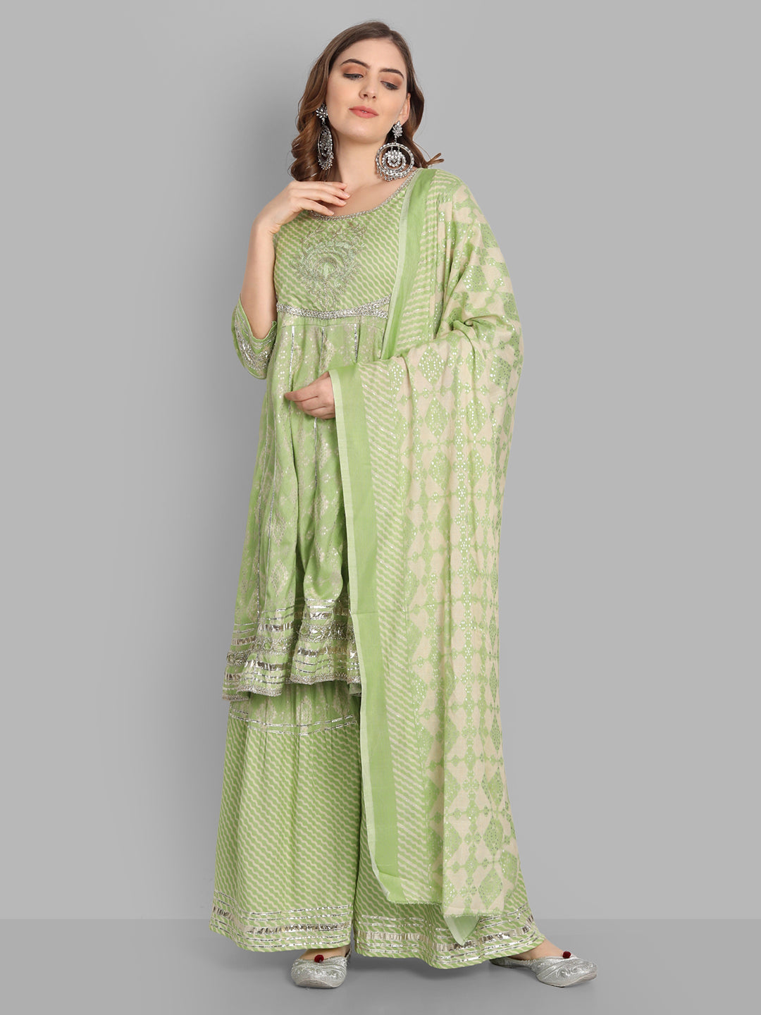 Women's Green Anarakali Kurta Sharara And Dupatta Set( 3 Pc Set) - Singni