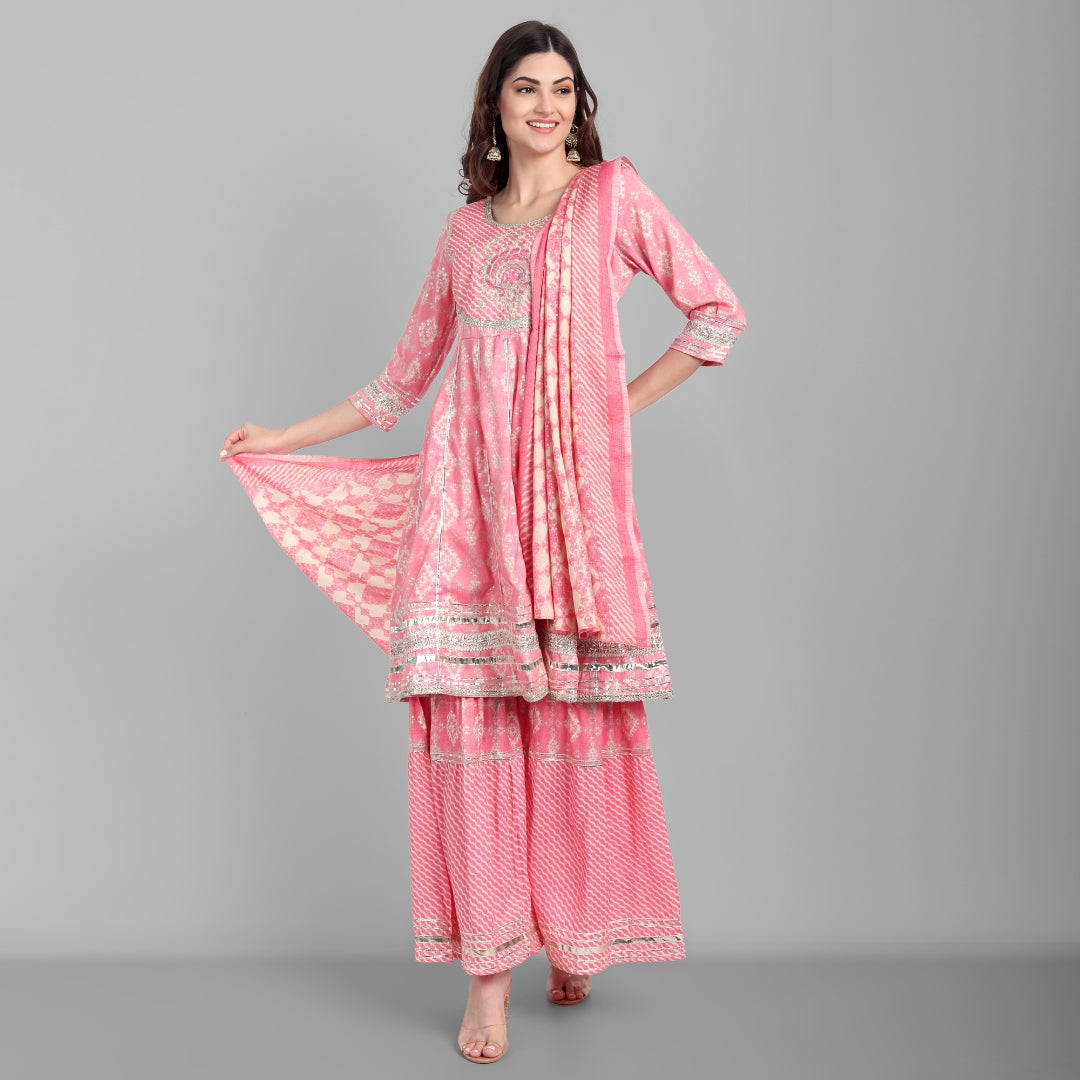 Women's Pink Flared Embellished Kurta With Sharara And Dupatta Set - Singni