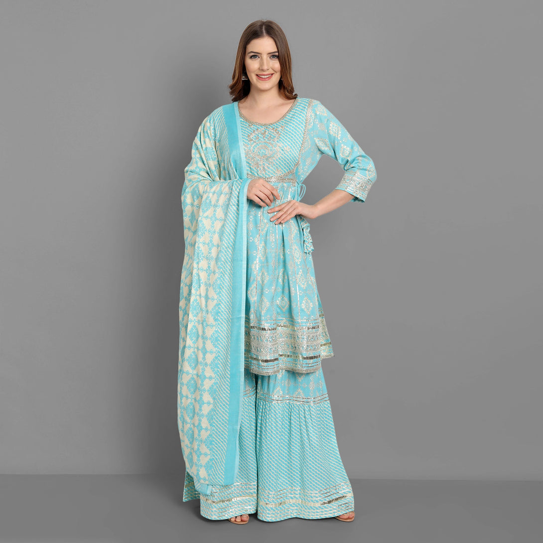 Women's Sky Blue Printed Embroidered Kurta With Linning Sharara And Dupatta - Singni