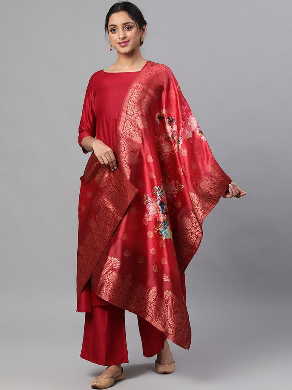 Women's  Maroon & Off-White Printed Kurta with Palazzos & Dupatta - AKS