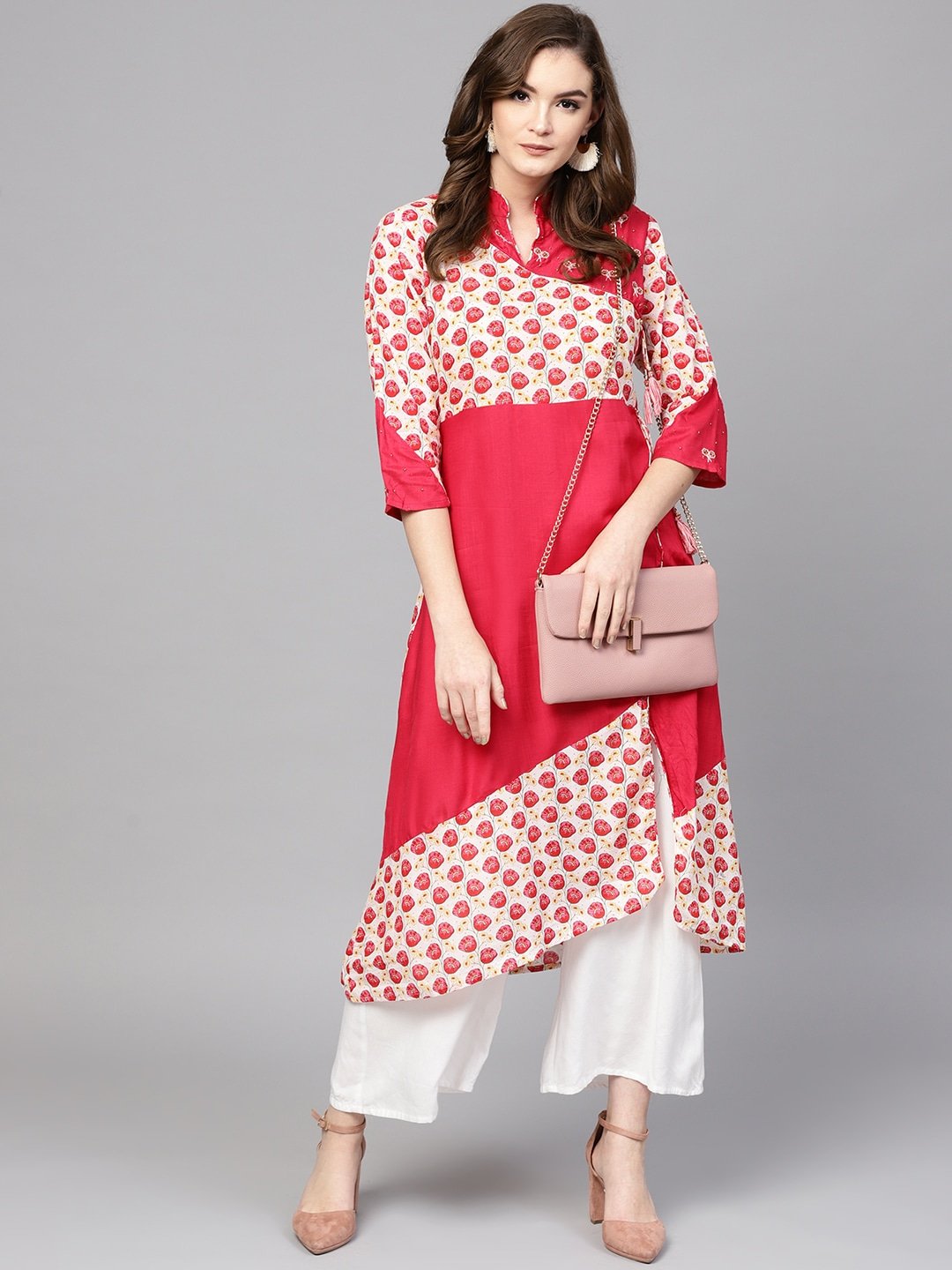 Women's Pink & White Straight Kurta - Yufta