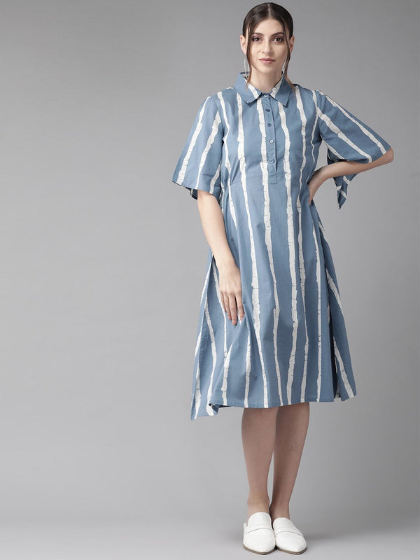 Women's  Blue & White Striped Shirt Dress - AKS