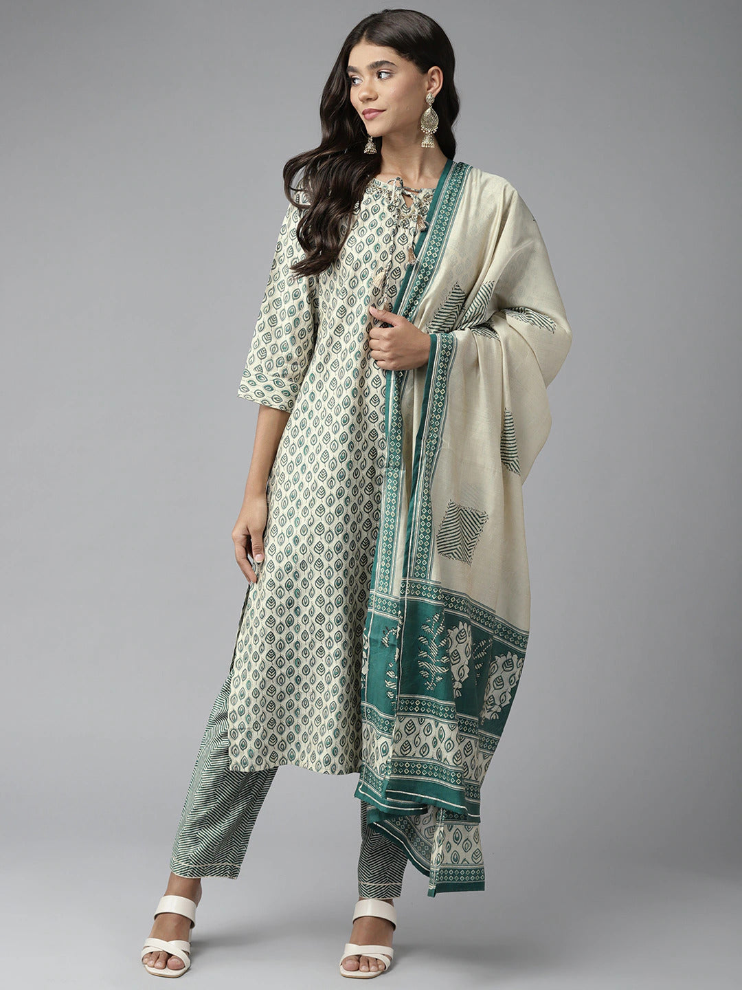 Women's Teal Green And Off White Aari Work Muslin Kurta With Pant And Dupatta Set - Yufta