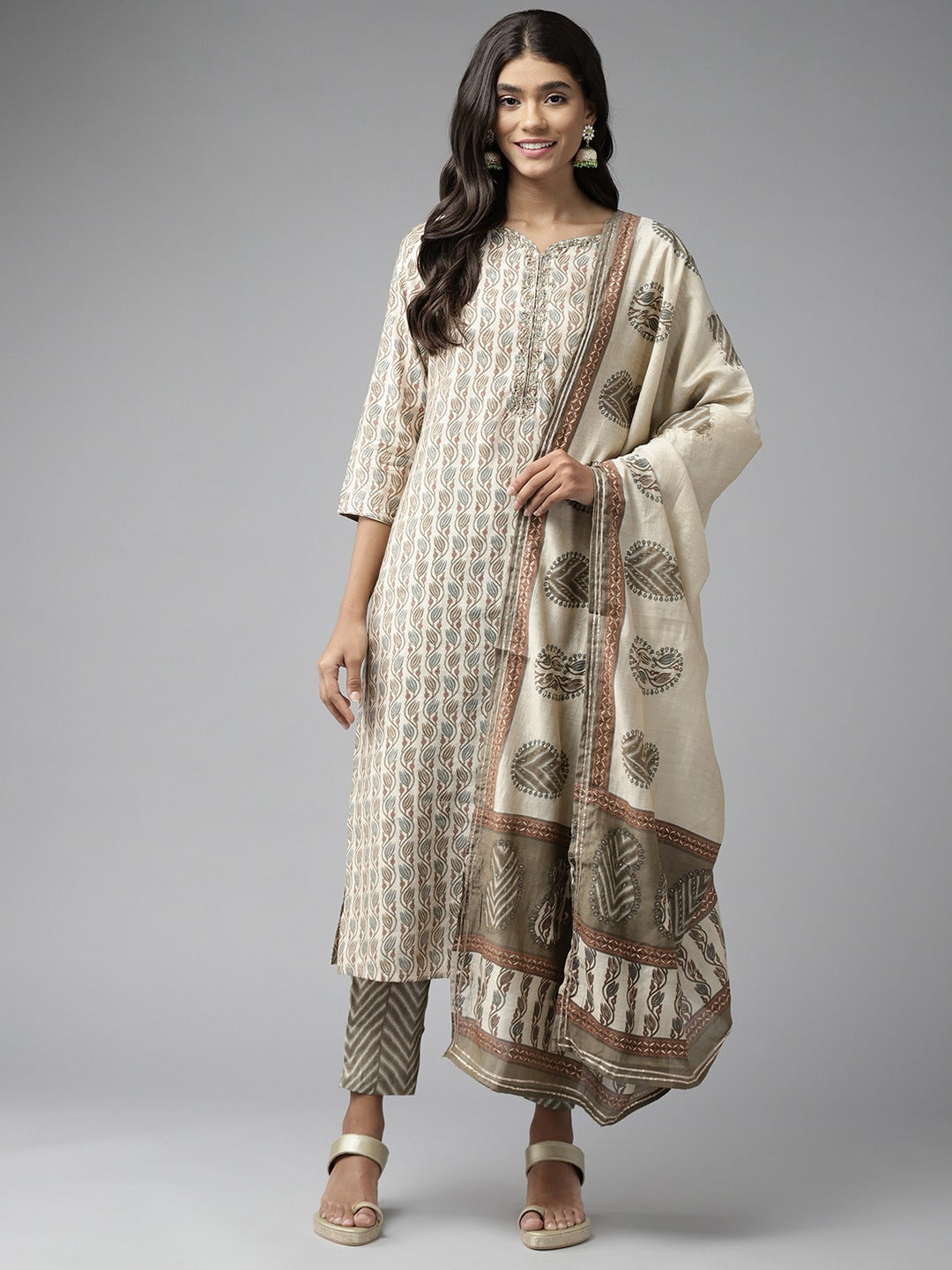 Women's Beige Aari Work On Yoke Muslin Kurta With Pant And Dupatta Set - Yufta