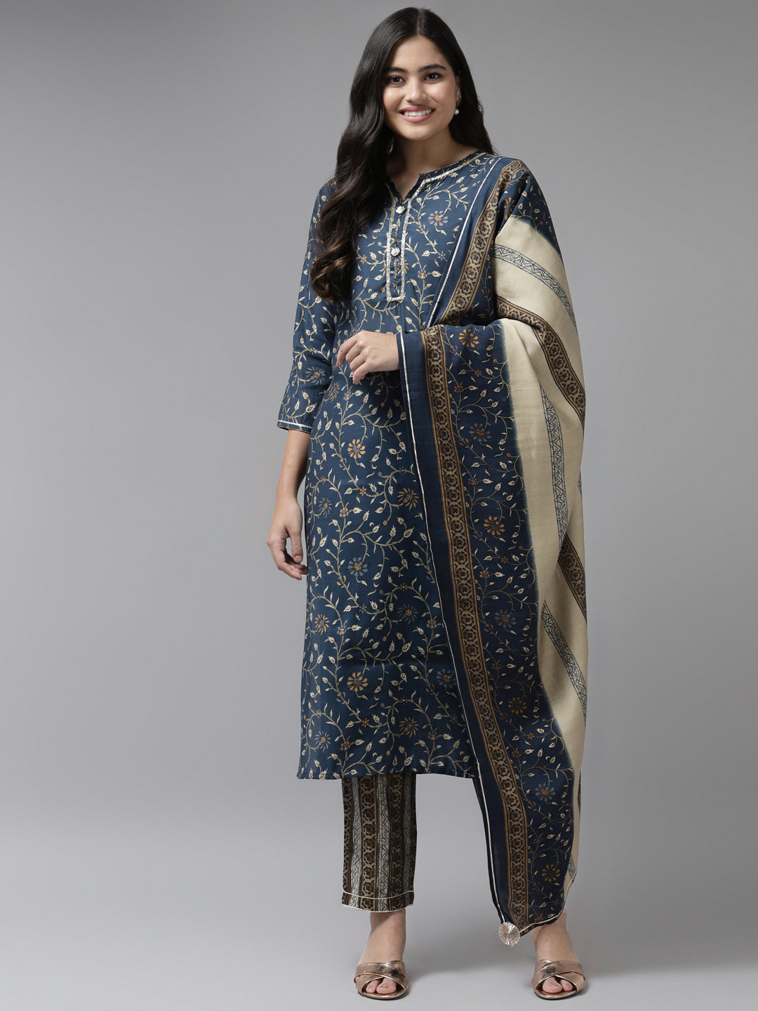 Women's Blue Leaf Print Straight Kurta With Trousers And Dupatta Set - Yufta