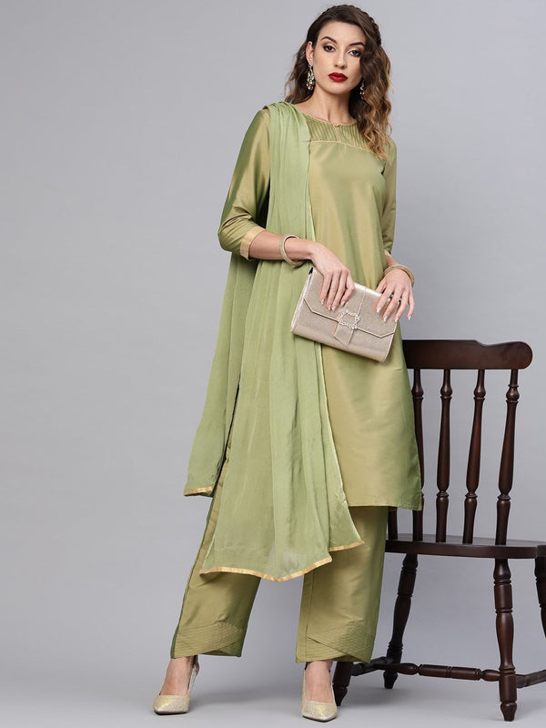 Women's  Olive Green Solid Kurta with Palazzos & Dupatta - AKS