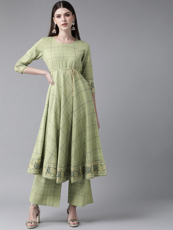 Women's  Green & Golden Checked A-Line Kurta - AKS