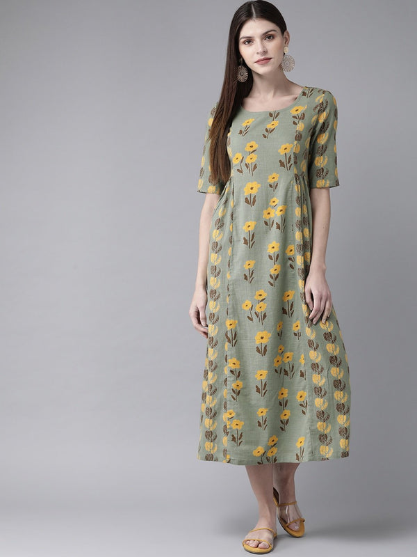 Women's  Green & Yellow Printed A-Line Dress - AKS