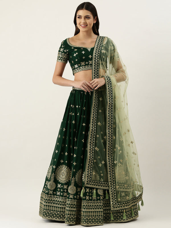 Women's Royal Green - Pure Georgette Embroidered Stitched Lehenga - Royal Dwells