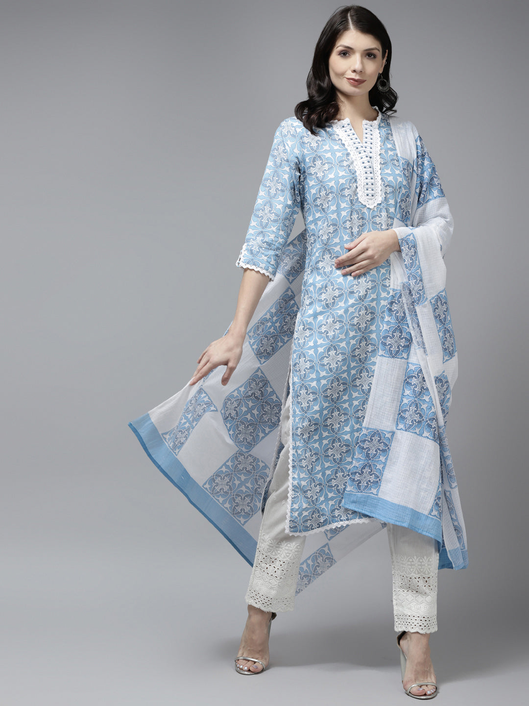 Women's Blue And White Lace Work Cotton Kurta With Palazzos And Dupatta Set - Yufta