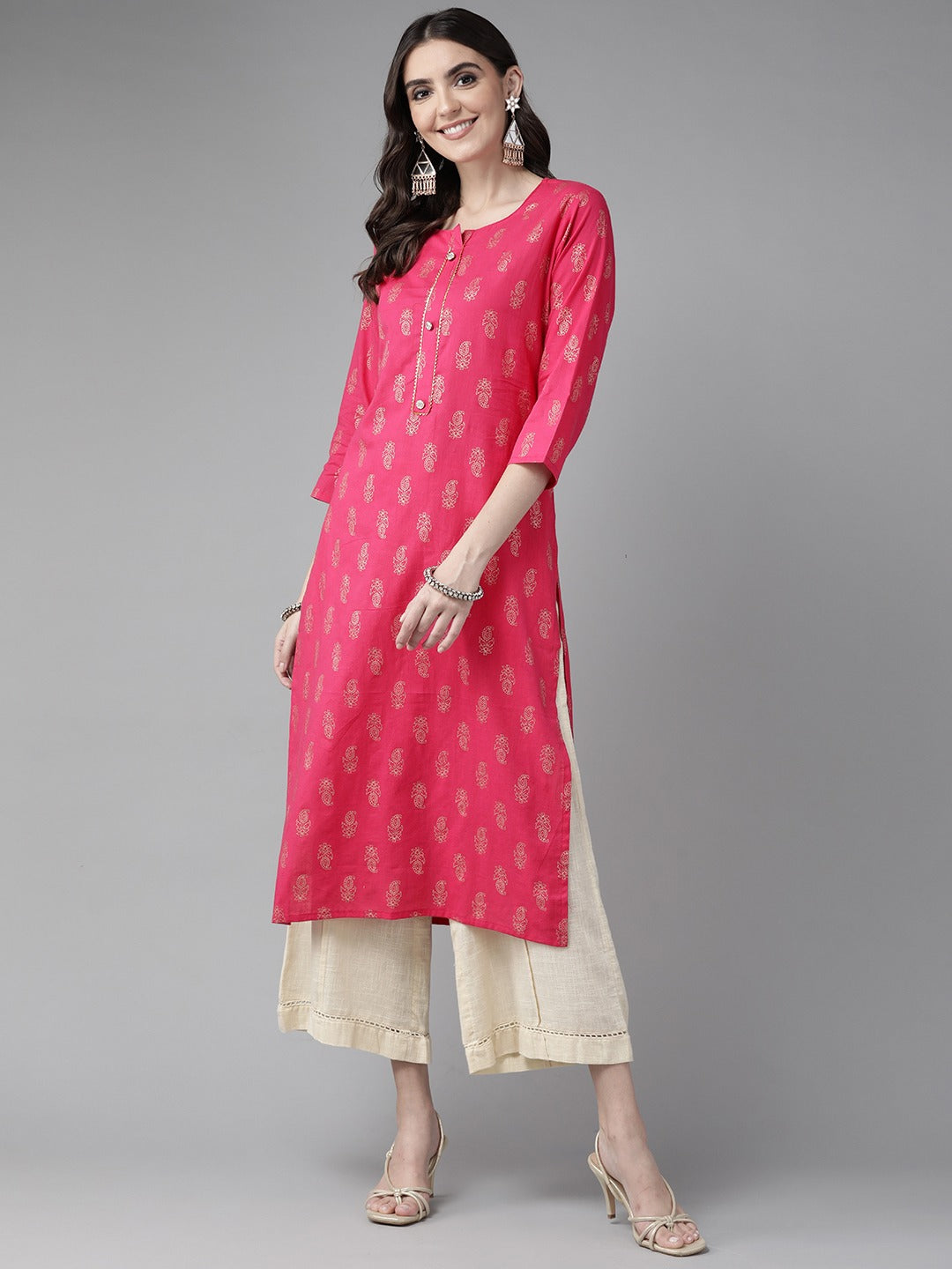 Women's Pink Ethnic Motif Straight Kurta - Yufta