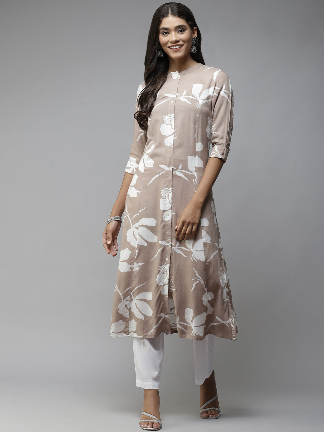 Women's Beige Leaf Print A Line Kurta - Yufta