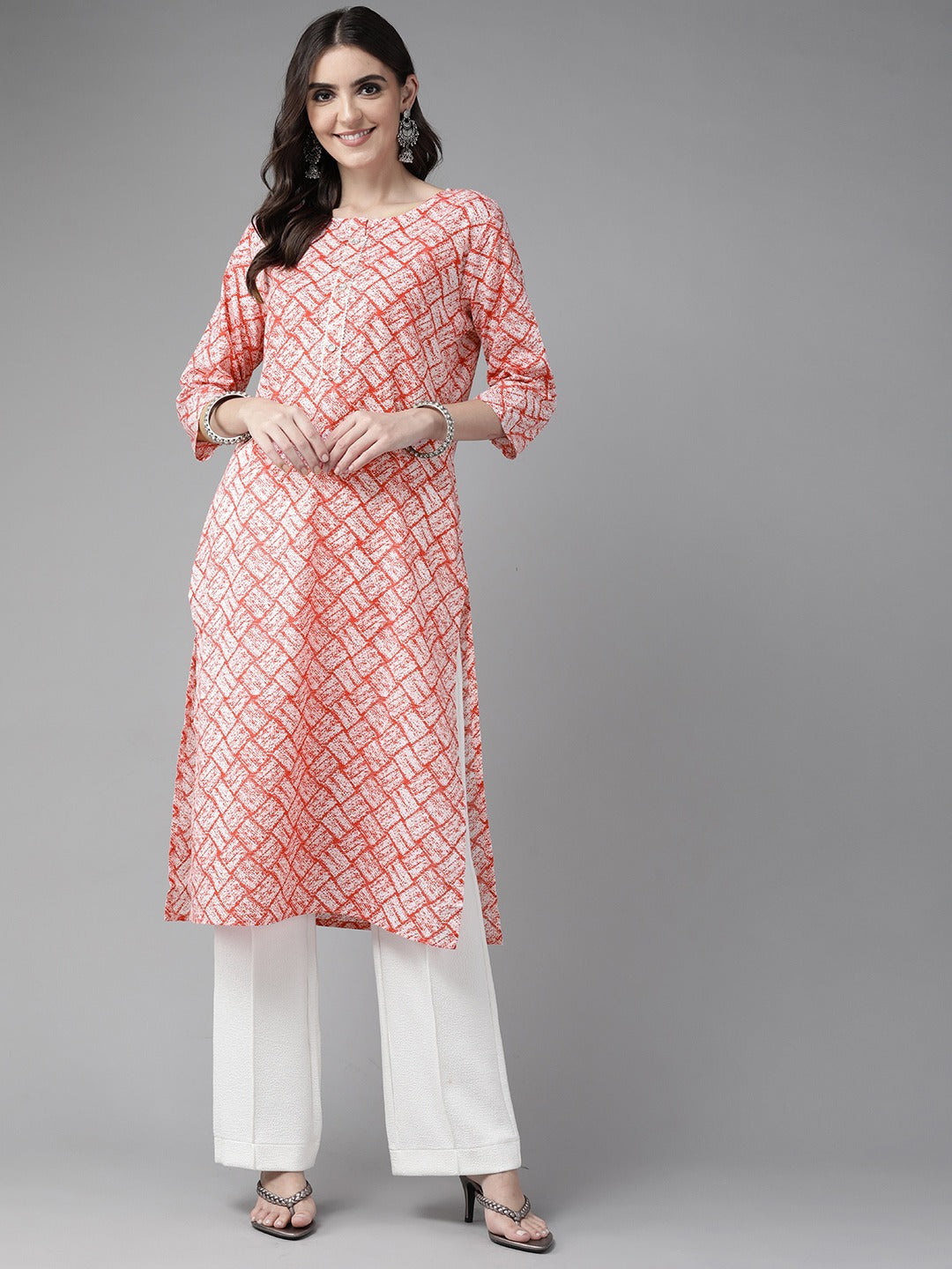 Women's Peach Abstract Print Straight Kurta - Yufta