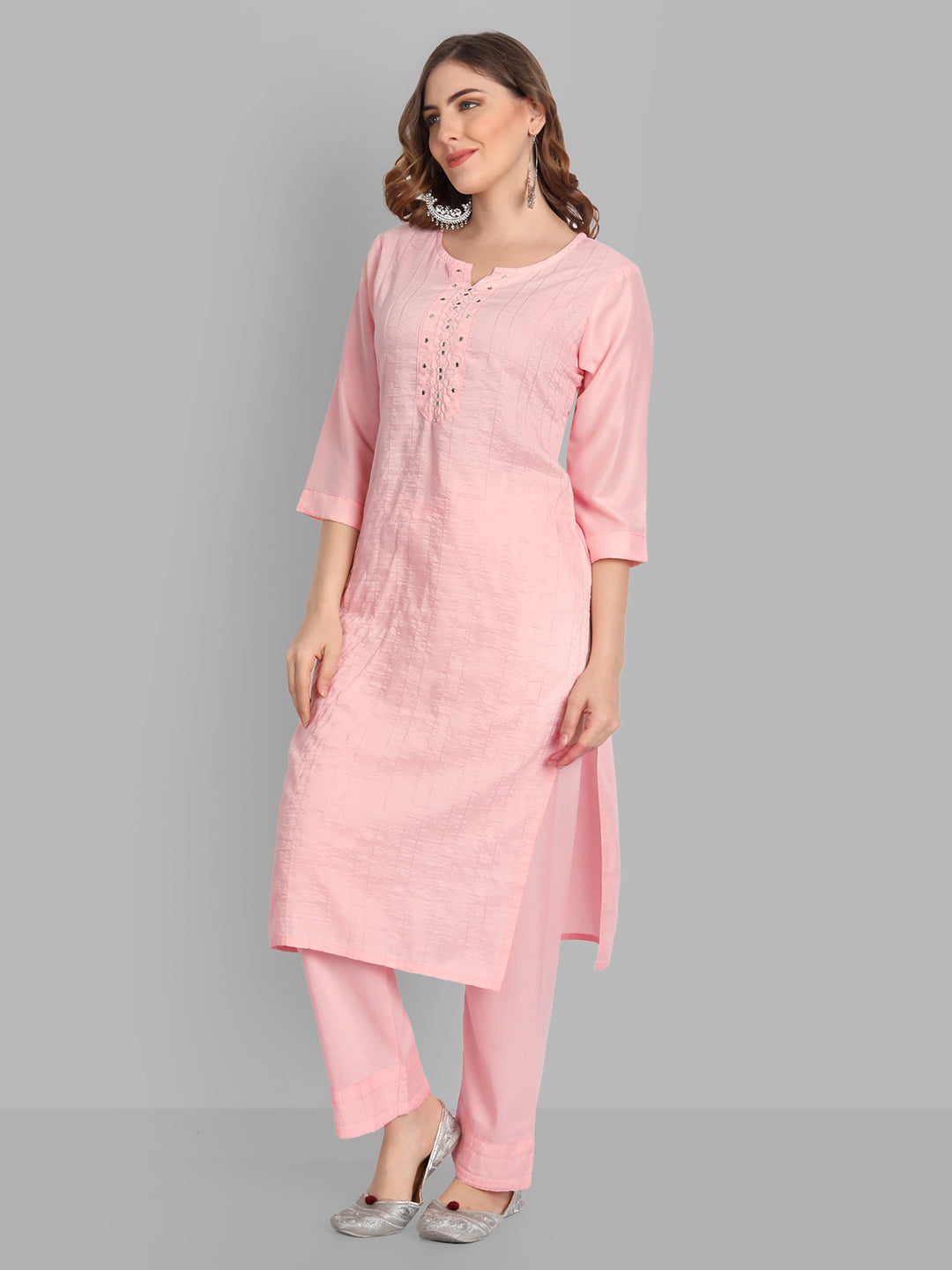 Women's Silk Baby Pink Kurta And Pant Set - Singni