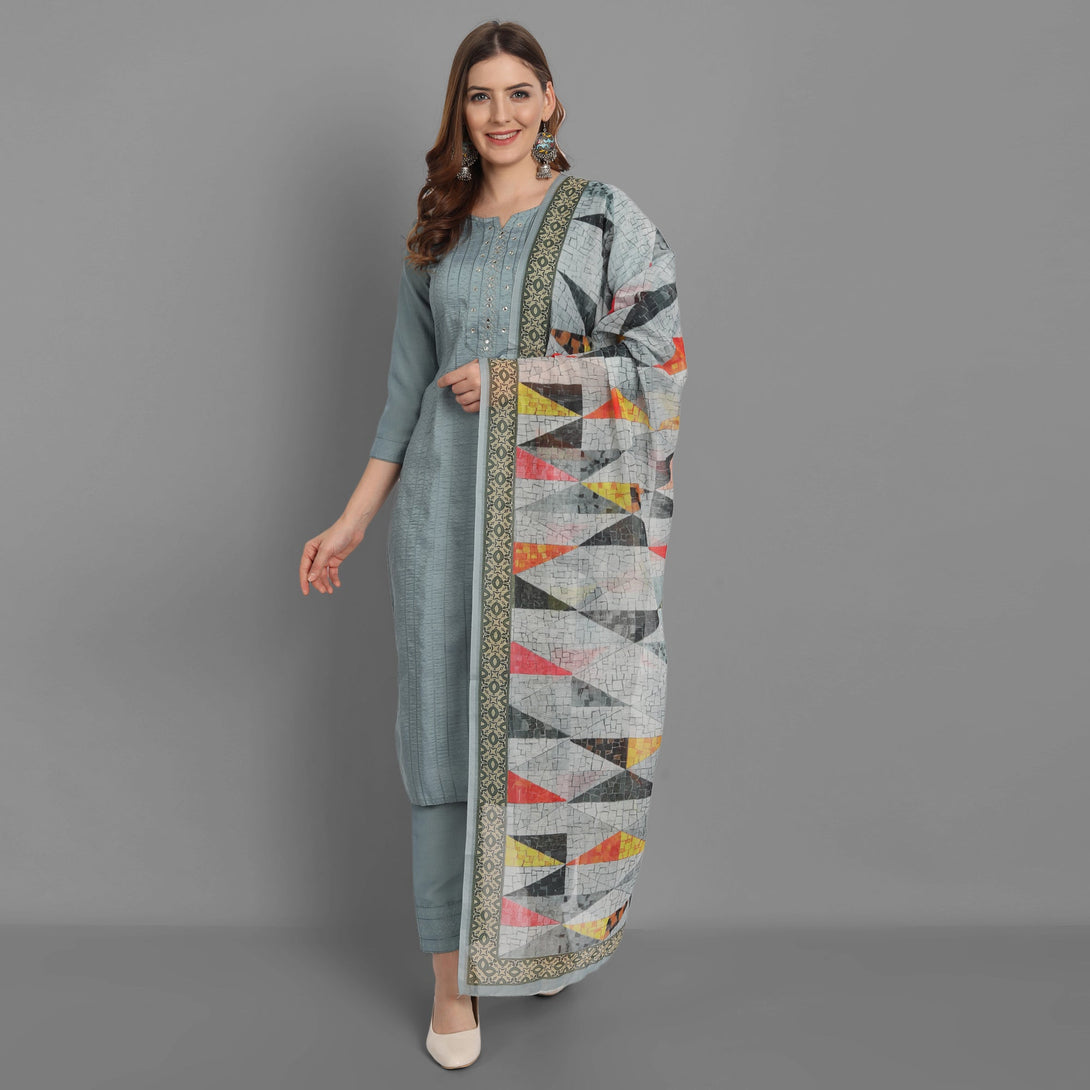 Women's Silk Grey Self Design Kurta With Pant And Dupatta - Singni