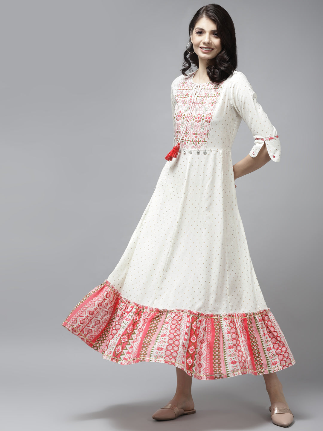 Women's White Printed Frill Rayon Dress - Yufta