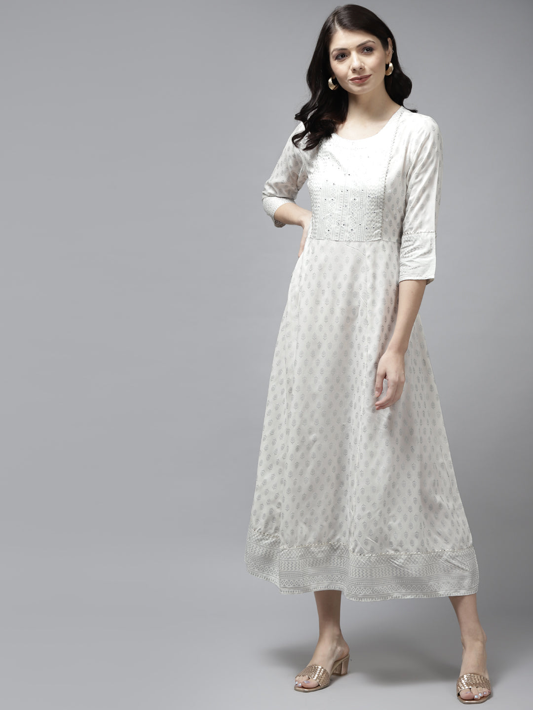 Women's White Mirror Work A Line Rayon Dress - Yufta