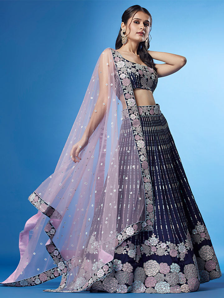 Women's Navy Blue Color Georgette Multi-Sequins Work  Lehenga - Royal Dwells