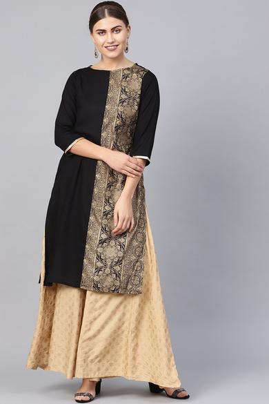 Black Rayon Printed Panelled Kurta - Juniper