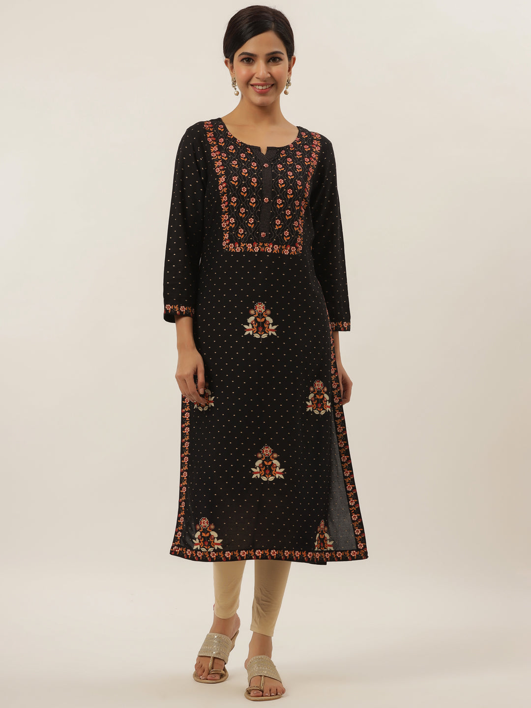 Women's Black Floral Print Straight Kurta - Yufta