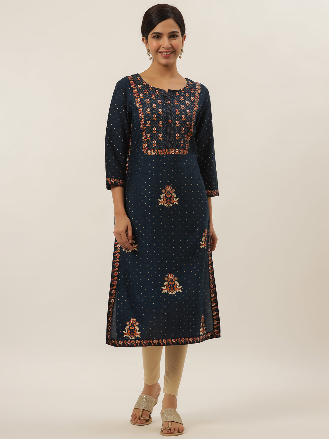 Women's Indigo Blue Floral Print Straight Kurta - Yufta