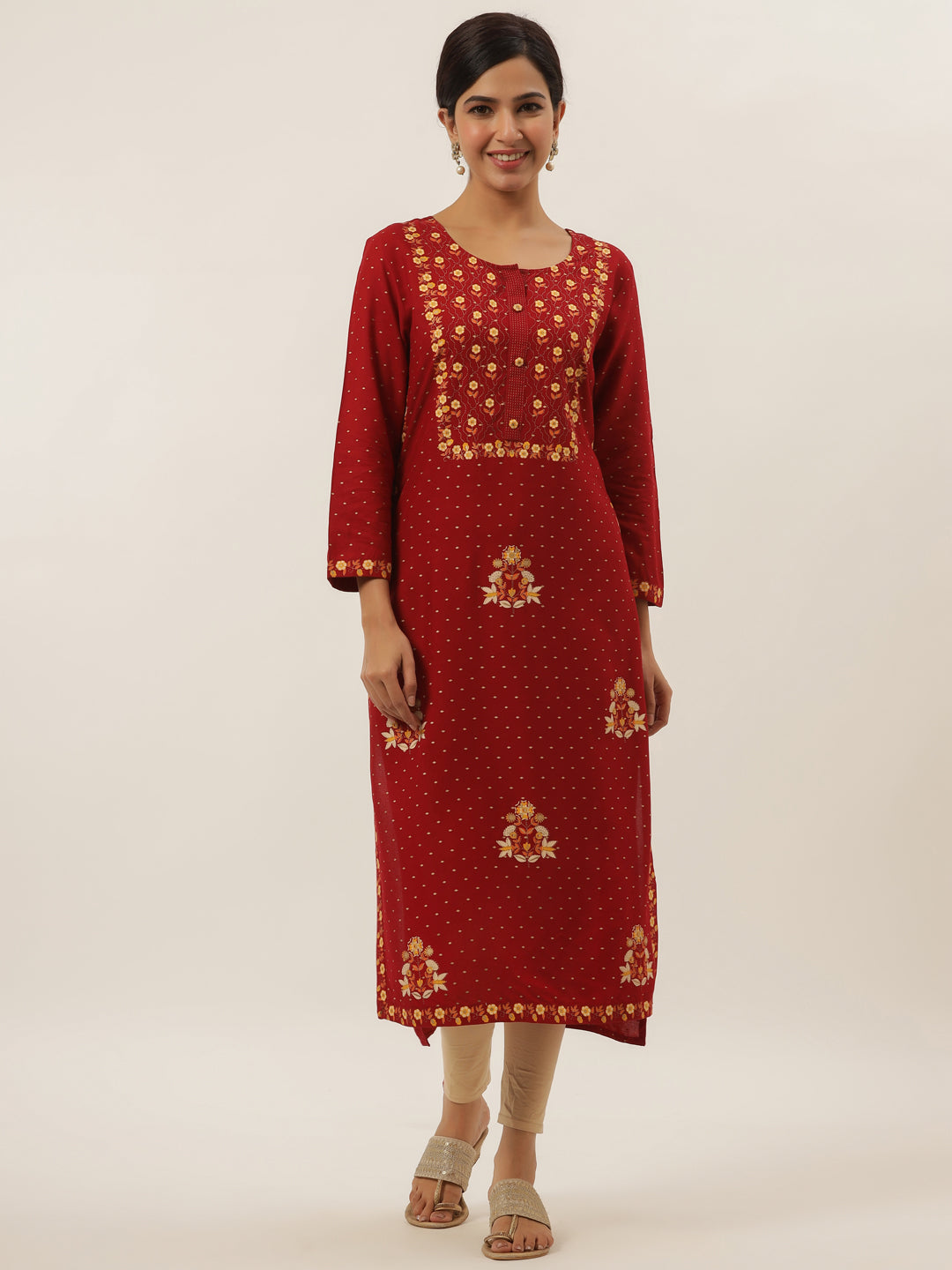 Women's Red Floral Print Straight Kurta - Yufta